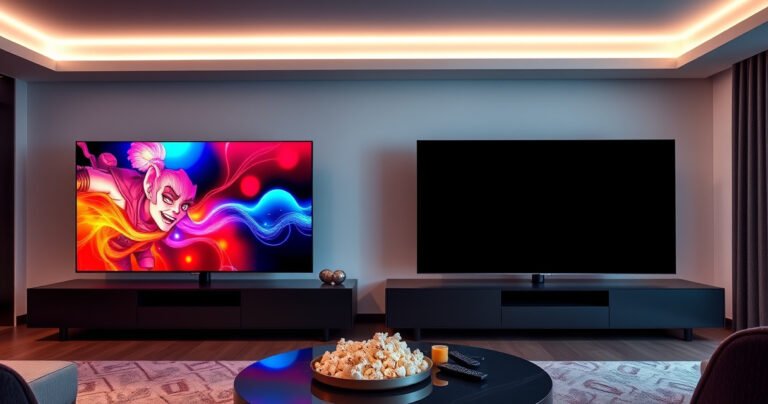 A sleek, modern living room showcasing two high-end OLED TVs side by side, the Samsung S99H displaying vibrant colors while the LG C6 boasts deep blacks. Soft ambient lighting enhances the rich hues, with a stylish coffee table adorned with a remote and popcorn, inviting viewers into a cinematic experience.