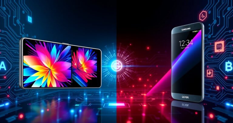 A split-screen composition showcasing the Samsung S99H on the left, radiating vibrant colors and sleek design, contrasted with the LG G4 OLED on the right, featuring deep blacks and rich hues. Both screens display dynamic visuals, surrounded by tech-inspired elements like circuit patterns and glowing icons, emphasizing innovation and cutting-edge technology.