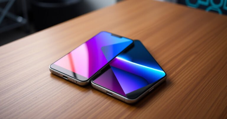 A sleek, modern smartphone on a wooden table, displaying vibrant OLED screens of the Samsung S99H and LG G5 side by side. Soft, ambient lighting highlights their unique designs, showcasing the contrast in color accuracy and innovative features, while a subtle tech-themed background hints at cutting-edge technology and consumer choice.