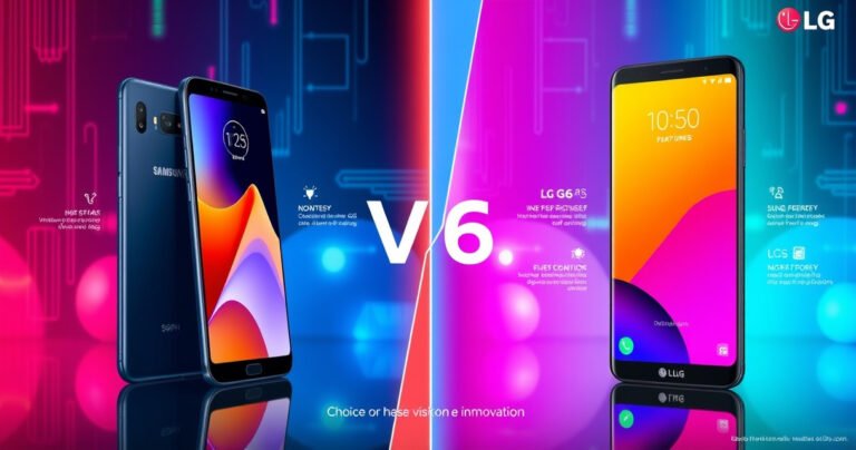 A vibrant split image showcasing the sleek designs of the Samsung S99H and LG G6 OLED, each phone displaying vivid, contrasting colors on their screens. The background features a tech-savvy ambiance with abstract digital patterns, emphasizing innovation and choice, while subtle infographics highlight key features of each device, enticing viewers to explore their differences.