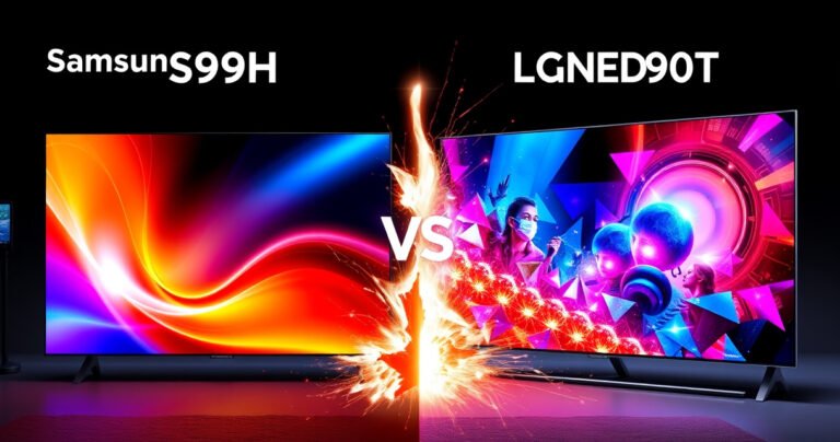 A split-screen comparison showcasing the sleek Samsung S99H on one side, glowing with vibrant colors and modern design, while the LG QNED90T on the other side displays its rich, immersive visuals and unique aesthetics, surrounded by dynamic tech-themed elements, contrasting their features and highlighting the excitement of choosing between two state-of-the-art televisions.