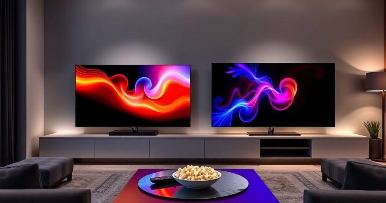 A sleek, modern living room showcasing two high-end Samsung televisions side by side, the S99H on the left with vibrant colors and deep blacks, the QN90D on the right displaying dynamic contrast. Soft ambient lighting enhances the scene, while a stylish coffee table holds a remote and popcorn, inviting viewers to explore the ultimate viewing experience.