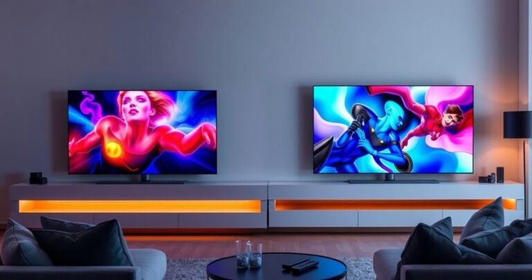 A sleek living room setting showcasing the Samsung S99H and QN90F TVs side by side, each displaying vibrant, colorful images. Soft ambient lighting casts a warm glow, highlighting the modern design of the TVs. A cozy couch with plush cushions invites viewers to imagine immersive movie nights, while a stylish coffee table holds remotes and snacks.