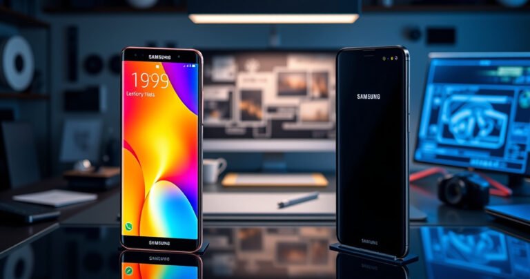 A sleek, modern smartphone display featuring the Samsung S99H on one side, glowing with vibrant colors and advanced features, contrasted against the elegant, minimalist design of the Samsung S85F. The background shows a tech-savvy workspace with gadgets and digital graphics, emphasizing innovation and choice, while highlighting the differences in design and functionality between the two models.