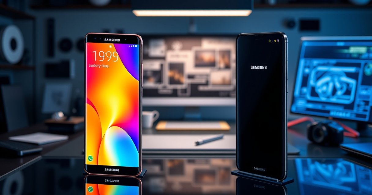 A sleek, modern smartphone display featuring the Samsung S99H on one side, glowing with vibrant colors and advanced features, contrasted against the elegant, minimalist design of the Samsung S85F. The background shows a tech-savvy workspace with gadgets and digital graphics, emphasizing innovation and choice, while highlighting the differences in design and functionality between the two models.