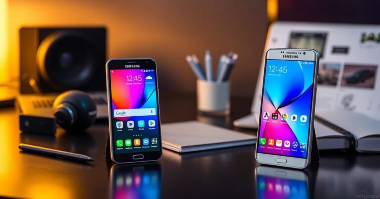 A sleek, modern workspace featuring two Samsung smartphones, the S99H and S85H, prominently displayed side by side with their screens on, showcasing vibrant app interfaces. A blurred background includes tech gadgets and notebooks, while a warm light casts an inviting glow, emphasizing the sophistication and innovation of these devices.