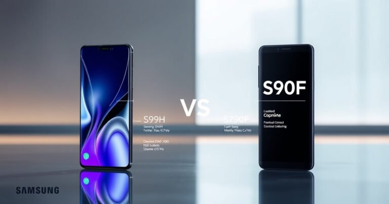 A sleek, modern tech showdown between the Samsung S99H and S90F smartphones on a polished surface, showcasing their stunning designs. The S99H gleams with futuristic features, while the S90F displays its elegant curves. Bright, dynamic lighting highlights the differences in color and texture, with infographics subtly overlaying to indicate key specifications and features.
