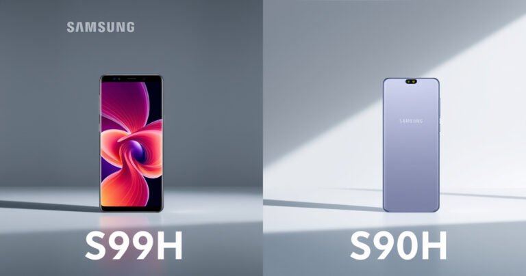 A split-screen comparison of the Samsung S99H and S90H, showcasing their sleek designs, vibrant screens, and distinctive features. On one side, the S99H glows with advanced technology and modern aesthetics, while the S90H captivates with its elegant, minimalist look. A subtle background blends the two, emphasizing their contrasting colors and styles.