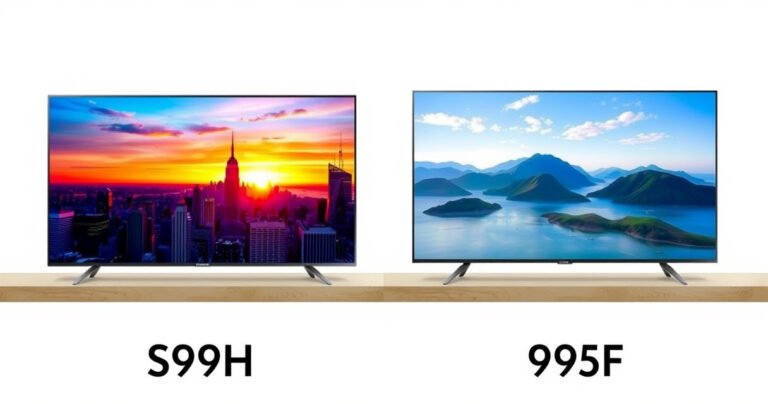 A split-screen comparison of two sleek Samsung TVs, the S99H on one side with a vibrant, futuristic design, displaying a stunning high-resolution image of a city skyline at sunset, while the S95F on the other side showcases a minimalist design featuring a serene nature scene, emphasizing their distinct features and technology in an engaging, informative layout.