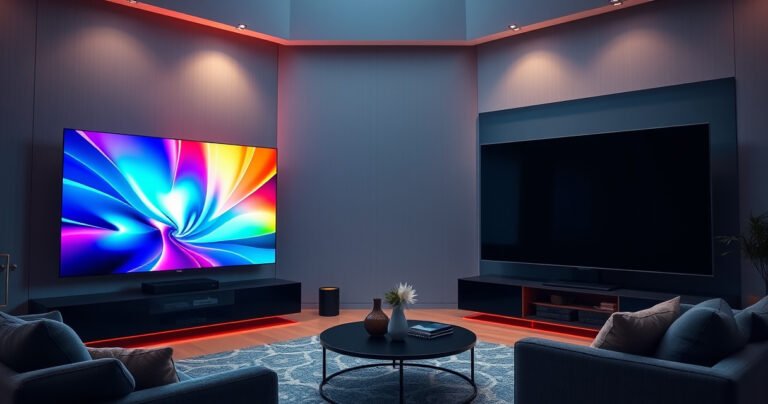 A sleek modern living room showcasing two stunning TVs side by side, the Samsung S99H radiating vibrant colors on the left, while the Sony BRAVIA 8 II displays deep, rich blacks on the right. Soft ambient lighting enhances the elegant decor, with a cozy couch and a stylish coffee table, inviting viewers into a world of cinematic excellence.