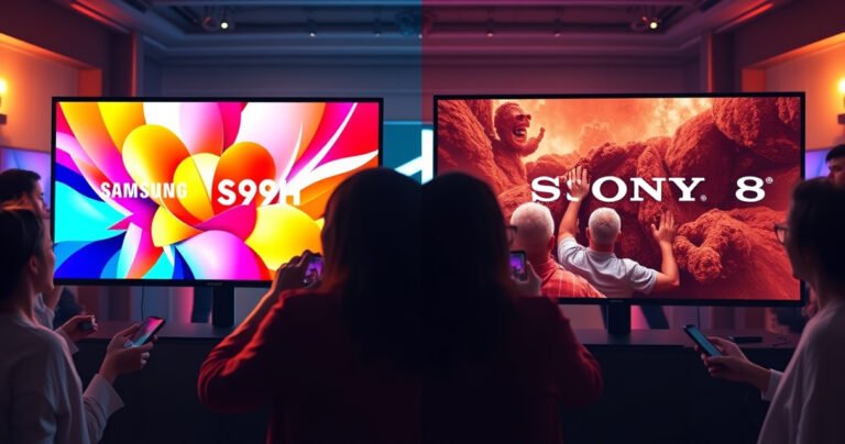 A dynamic split-screen comparison featuring a vibrant Samsung S99H on one side, showcasing stunning colors and sleek design, while on the other side, the Sony BRAVIA 8 displays deep contrasts and lifelike imagery. In the background, tech-savvy consumers energetically debate, surrounded by glowing screens and high-tech gadgets, highlighting the excitement of modern television choices.