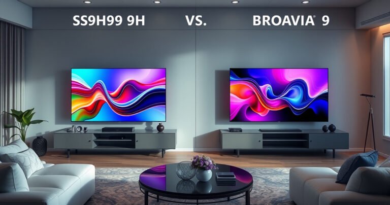 A sleek living room scene featuring the Samsung S99H and Sony BRAVIA 9 II side by side on a stylish media console, vibrant colors emanating from their screens, with a cozy couch, modern decor, and soft ambient lighting, inviting viewers to compare the immersive viewing experience and design aesthetics of each television.
