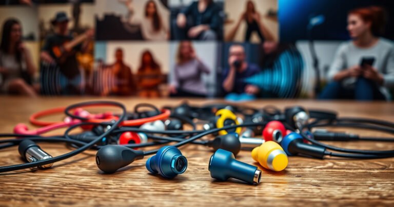 A close-up view of various stylish earphones scattered on a wooden table, surrounded by sound waves visually emanating from them, with vibrant colors highlighting different designs. In the background, blurred images of people enjoying music in different settings, emphasizing lifestyle and quality sound, creating an inviting atmosphere for audiophiles.