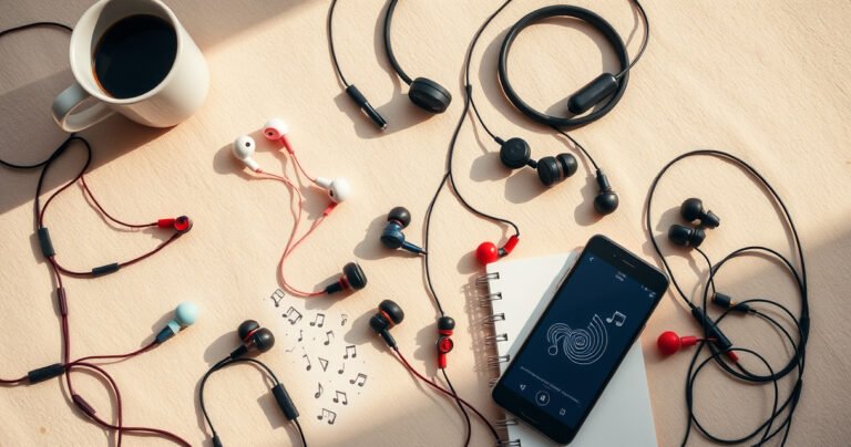 A stylish flat lay of various earphones scattered on a soft, textured surface, showcasing different designs and colors. Include a coffee cup, a notebook with doodles, and a smartphone displaying music notes, all illuminated by warm, natural light, creating an inviting and modern atmosphere that evokes a love for music and audio quality.