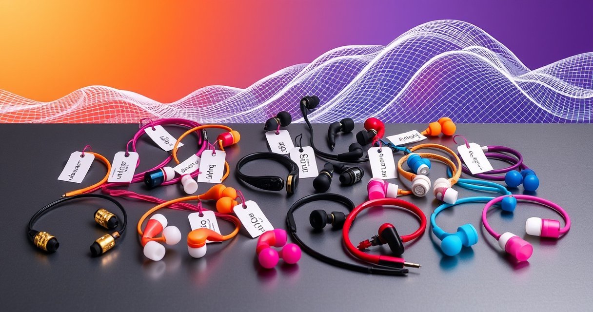 A vibrant collage of various earphones displayed on a sleek surface, showcasing luxury models with gold accents alongside budget-friendly options in bright colors. Each pair is paired with tags indicating their specific features like "noise-canceling," "sporty," and "premium sound," set against a backdrop of dynamic waves symbolizing sound, evoking a sense of audio exploration.