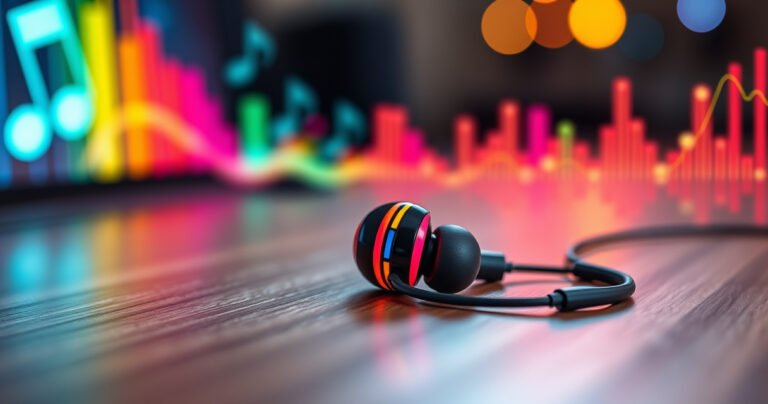 An eye-catching close-up of vibrant, high-tech earbuds resting on a sleek wooden surface, surrounded by sound waves visually pulsating outward in bright colors. The background features blurred music notes and audio waveforms, emphasizing clarity and power, while a soft light highlights the earbuds' intricate design, showcasing their modern elegance and functionality for audiophiles.