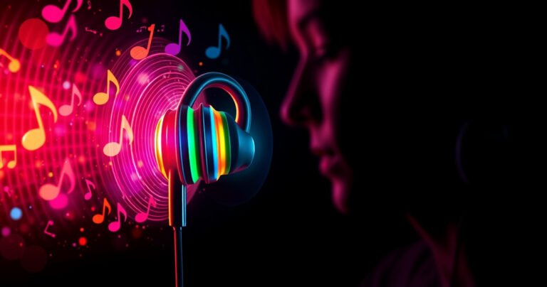 A vibrant scene featuring a close-up of sleek, high-tech earphones with sound waves radiating in bright colors, set against a dark, stylish background. Surround the earphones with energetic musical notes and bursts of light, conveying power and volume, while a faint silhouette of a person enjoying the music adds a sense of immersion.