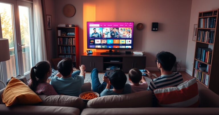 A cozy living room bathed in warm light, featuring a sleek smart TV displaying vibrant streaming options. A family sits together on a plush sofa, engaged in an interactive game, with snacks nearby. Colorful cushions, a bookshelf filled with movies, and a relaxing ambiance create an inviting atmosphere for entertainment and creativity.