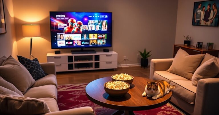 A cozy living room adorned with a plush sofa and a stylish coffee table, illuminated by warm light. A large screen displays vibrant streaming options with colorful graphics. A bowl of popcorn and a remote control sit invitingly on the table, while a cat lounges nearby, adding a touch of homey charm.
