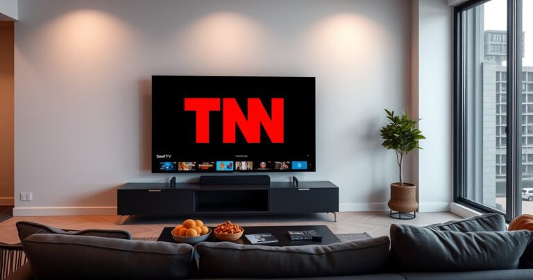 A sleek, modern living room with a large Smart TV prominently displaying the TNT logo in vibrant red against a dark background. Soft ambient lighting highlights a comfortable sofa, a stylish coffee table with snacks, and a remote control resting nearby. A cozy atmosphere invites viewers to explore their favorite shows and channels effortlessly.