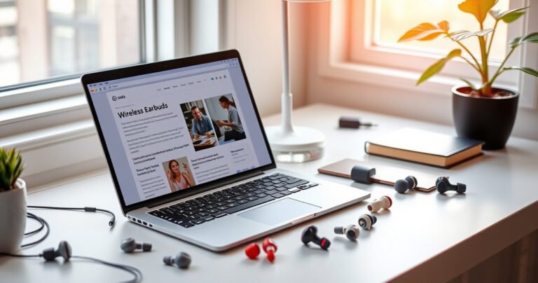 A sleek, modern workspace featuring an open laptop displaying an article about earbuds, surrounded by stylish wireless earbuds in various colors and designs. Soft natural light streams through a nearby window, illuminating trendy desk accessories, and a potted plant adds a touch of freshness, creating an inviting atmosphere that sparks curiosity and engagement.