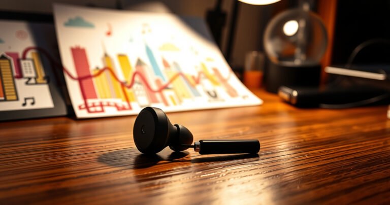 A sleek pair of modern, high-tech earbuds resting on a wooden desk, surrounded by vibrant cityscape sketches and colorful soundwave patterns, with soft ambient lighting casting gentle shadows, creating an inviting atmosphere that hints at innovation and creativity. A subtle hint of music notes floats in the air, suggesting a harmonious blend of technology and art.