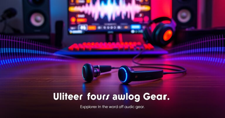 A sleek pair of high-tech earbuds resting on a modern wooden desk, surrounded by colorful sound waves radiating outwards. In the background, a vibrant digital display showcases music notes and a glowing waveform, while a gaming console and stylish headphones hint at the ultimate audio experience, inviting readers to explore the world of Tenz's audio gear.