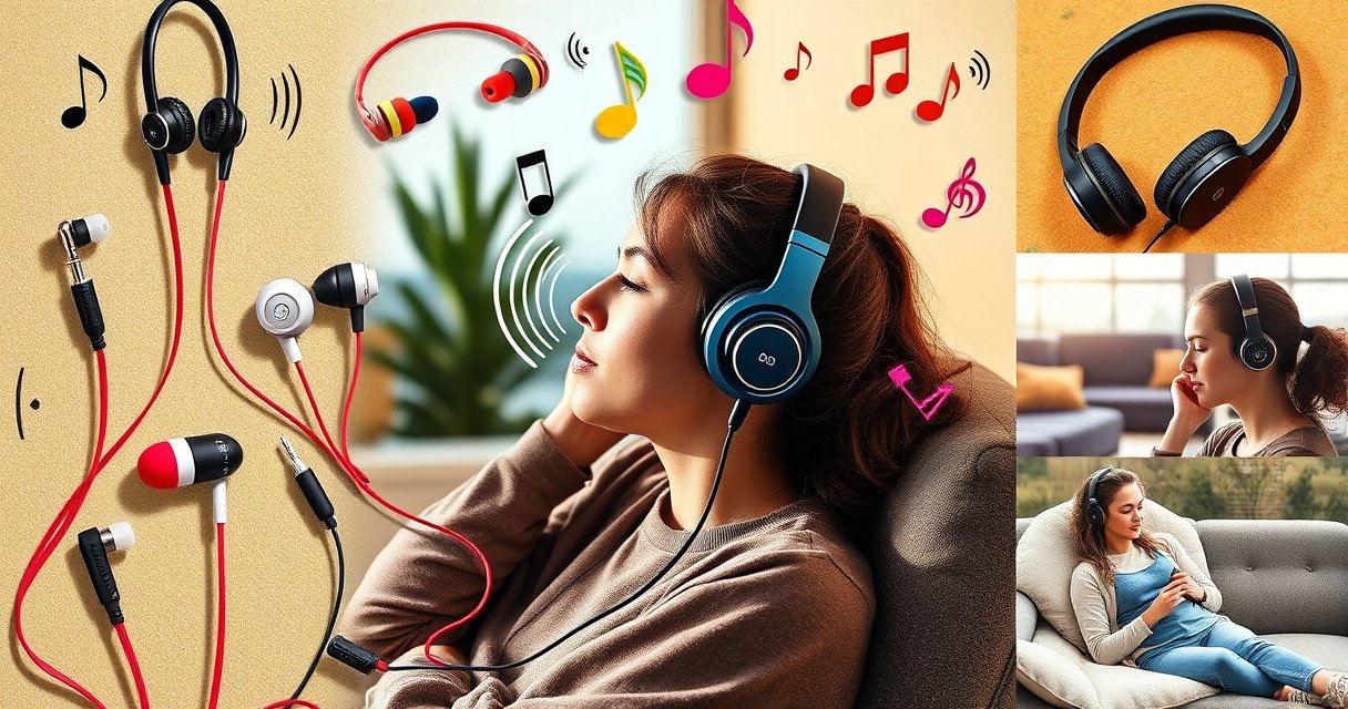 A vibrant collage showcasing diverse earphones in various styles, colors, and designs, surrounded by sound waves and musical notes. Include a cozy setting with a person enjoying music, headphones on, lost in sound. Highlight different listening environments like workouts, commuting, and relaxing, emphasizing the connection between earphones and personal experiences in audio enjoyment.