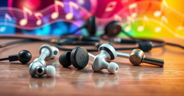 A close-up of various stylish earphones displayed on a sleek wooden surface, showcasing different designs and colors. Include a vibrant background with soundwaves and musical notes swirling around, symbolizing audio quality and choice. Soft lighting highlights the textures of the earphone materials, inviting viewers to explore the world of sound and style.