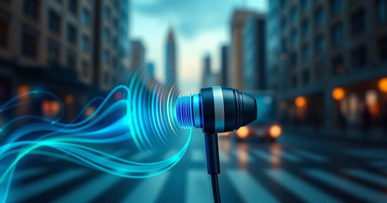 An artistic arrangement of sleek, modern earphones with vibrant sound waves emanating from them, swirling in rich hues of deep blue and electric green. The background features a blurred urban landscape, symbolizing music's pulse in city life, while subtle bass notes visually ripple through the air, conveying a sense of rhythm and energy.