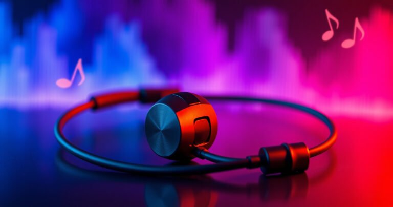 A close-up of sleek, modern earphones resting on a vibrant, pulsating soundwave background, with deep, rich colors swirling in sync with the bass vibrations. The scene conveys an immersive audio experience, with subtle musical notes floating around, evoking a sense of depth and rhythm, inviting the viewer to explore the world of bass-heavy sound.