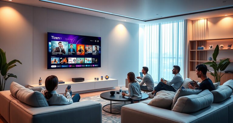 A futuristic living room showcasing a sleek Smart Tizen TV on a minimalist wall, vibrant streaming content displayed, cozy seating with modern decor, soft ambient lighting creating a welcoming atmosphere, a family gathered around, engaging with technology, reflecting innovation and entertainment, with hints of smart home devices subtly integrated throughout the space.