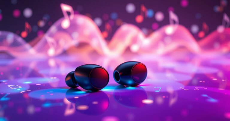 A sleek pair of futuristic TWS earbuds resting on a vibrant, illuminated surface, surrounded by flowing musical notes and soundwaves. Soft, colorful lighting illuminates the earbuds, highlighting their modern design. In the background, abstract digital patterns represent advanced technology and connectivity, creating an energetic ambiance that captures the essence of wireless audio innovation.