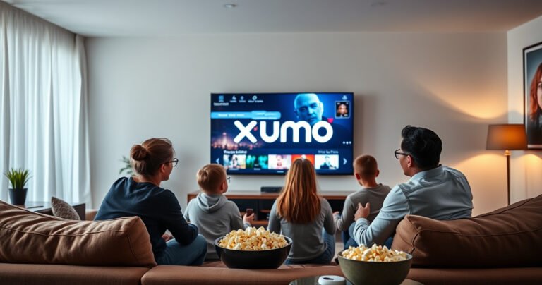 A sleek modern living room with a large smart TV displaying the Xumo logo, surrounded by cozy furniture. A curious family of four, engaged in watching content, with vibrant streaming visuals reflecting on their faces. Soft lighting creates a warm atmosphere, highlighting high-tech gadgets and a bowl of popcorn, inviting viewers into the world of entertainment.
