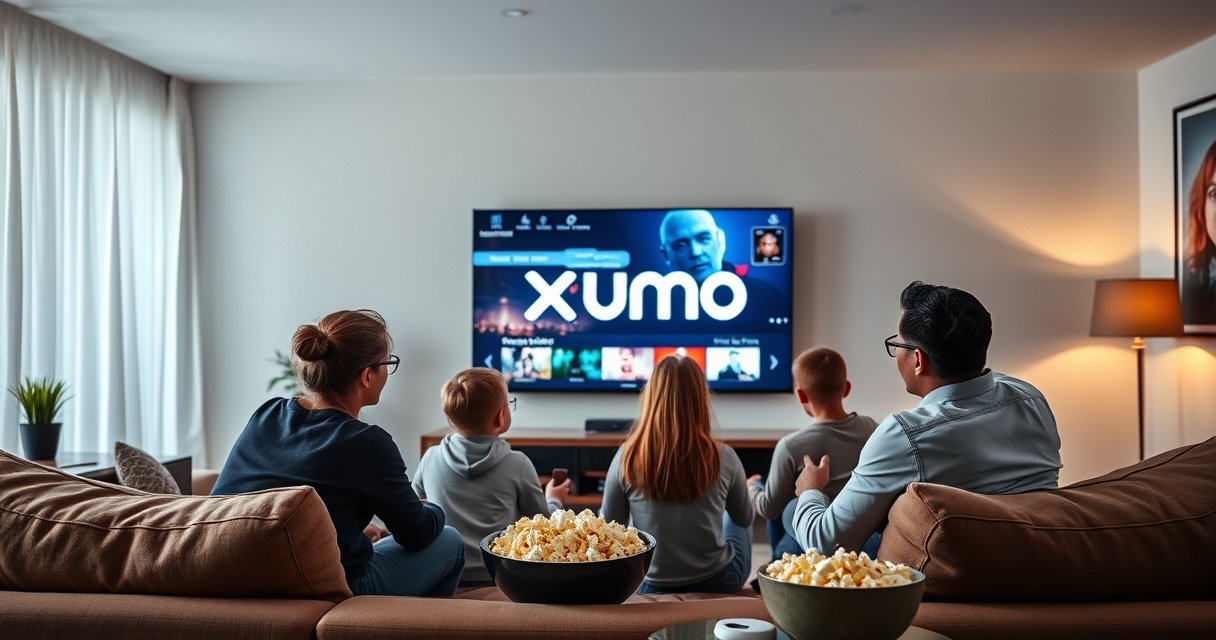 A sleek modern living room with a large smart TV displaying the Xumo logo, surrounded by cozy furniture. A curious family of four, engaged in watching content, with vibrant streaming visuals reflecting on their faces. Soft lighting creates a warm atmosphere, highlighting high-tech gadgets and a bowl of popcorn, inviting viewers into the world of entertainment.