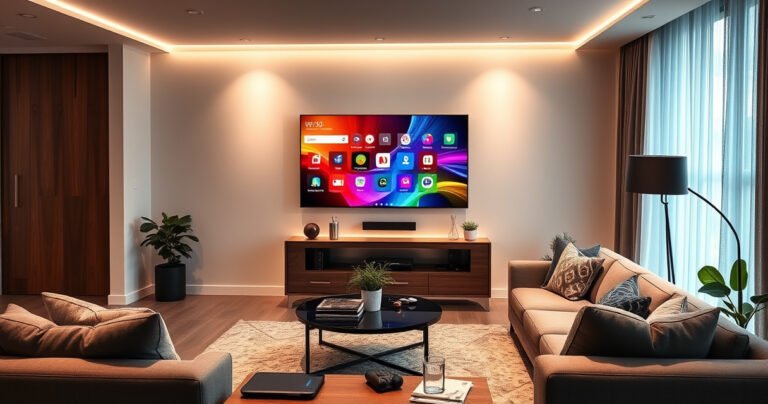 A sleek, modern living room featuring a vibrant WebOS Smart TV displaying a colorful user interface. The cozy space is illuminated by soft ambient lighting, with a plush sofa, a stylish coffee table, and decorative elements like plants and tech gadgets, conveying a perfect blend of comfort and cutting-edge technology.