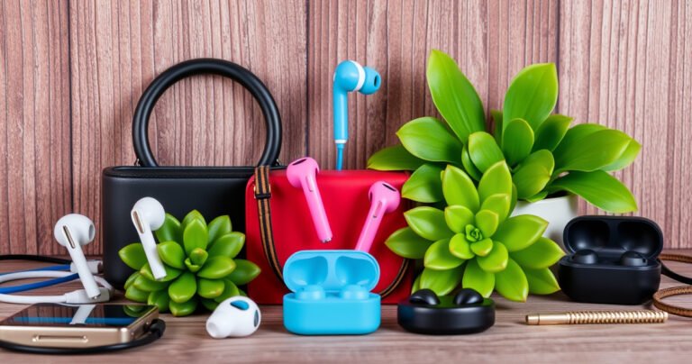 A visually striking arrangement of various earphones, showcasing sleek designs and vibrant colors, displayed against a textured wooden background. Include luxury models with metallic accents, budget-friendly options in playful hues, and wireless earbuds nestled among lush green plants, creating an inviting atmosphere that highlights the diversity and appeal of sound technology for every listener.