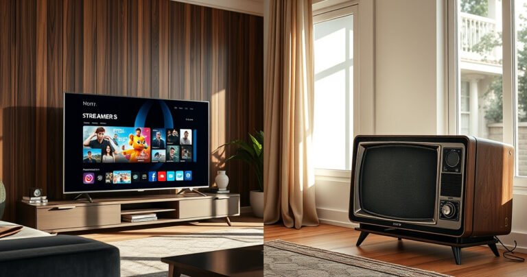 A sleek smart TV displayed in a modern living room, showcasing vibrant streaming content on the screen. In contrast, an old-fashioned regular TV sits in a cozy corner, dust-covered and displaying static. Sunlight filters through large windows, illuminating the contrast between cutting-edge technology and nostalgic simplicity, inviting viewers to explore the evolution of entertainment.