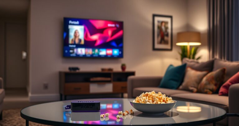 A cozy living room scene featuring a sleek smart TV mounted on the wall, displaying vibrant streaming content, alongside a stylish Roku device on an elegant coffee table. Soft ambient lighting glows, illuminating a plush sofa with colorful cushions, while a bowl of popcorn sits invitingly, creating a warm and inviting atmosphere for entertainment discussions.
