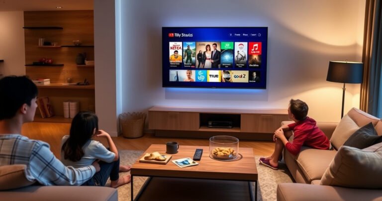 A cozy living room featuring a sleek, ultra-compact smart TV mounted on the wall, surrounded by plush furniture and ambient lighting. A minimalist coffee table holds a remote and snacks, while a family enjoys streaming together, showcasing the modern fusion of technology and comfort in a stylish, inviting space.