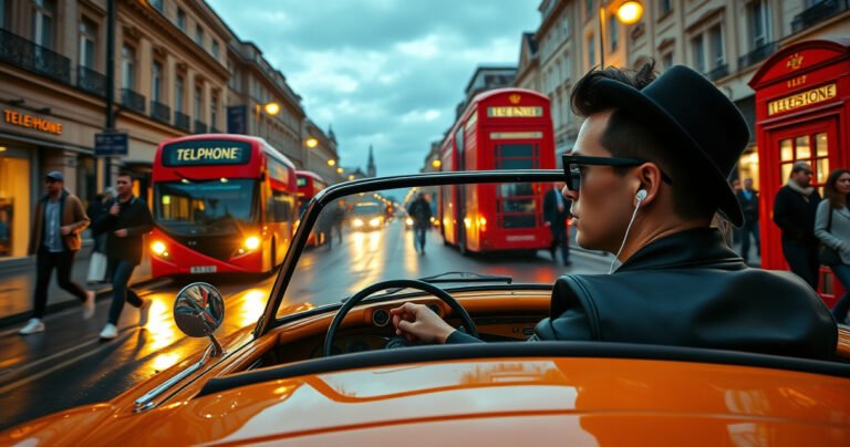 A bustling UK street at dusk, with a stylish driver in a vintage car, wearing sleek earphones. The scene captures the glow of streetlights reflecting off rain-slicked pavement, while iconic red buses and telephone boxes dot the background. Lively pedestrians in trendy attire walk by, creating a dynamic urban atmosphere filled with movement and sound.
