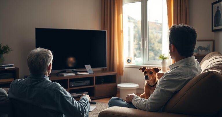 A concerned person sitting in a cozy living room, staring at a dark, unresponsive smart TV screen, surrounded by scattered troubleshooting manuals and remote controls. Sunlight streams through a window, illuminating dust motes, while a small dog watches curiously from the couch, conveying a sense of frustration and determination in the air.