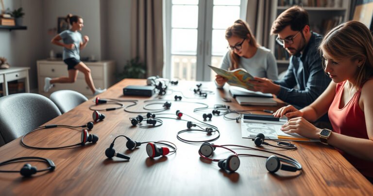 A vibrant scene showcasing an array of stylish earphones on a sleek wooden desk, surrounded by diverse users: a runner in motion, a gamer immersed in action, a traveler gazing at a map, and a student studying intently. Soft light filters through a nearby window, highlighting the earphones’ design and versatility.