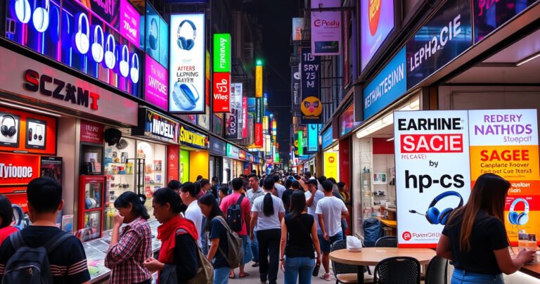 A bustling urban street filled with vibrant electronics shops, neon signs flashing the latest earphone models. Shoppers of diverse backgrounds explore colorful displays, trying on sleek designs. An inviting café nearby buzzes with people, while a bright poster highlights a special earphone sale, creating an energetic atmosphere of technology and consumer excitement.