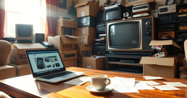 A cluttered living room with a vintage television set, surrounded by cardboard boxes filled with old electronics. A laptop sits open on a coffee table displaying online marketplaces. Sunlight streams through a window, illuminating a cup of coffee and scattered papers with handwritten notes about selling tips. Dust motes dance in the warm, inviting atmosphere.
