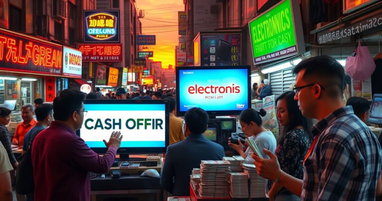 A bustling urban marketplace at sunset, vibrant neon signs advertising electronics. People haggling over various gadgets, a bright TV prominently displayed with a "Cash Offer" sign. Stacks of cash exchanged, expressions of excitement and negotiation. Surrounding colorful stalls with diverse sellers and eager buyers, creating a lively, transactional atmosphere that captures the essence of selling electronics for cash.