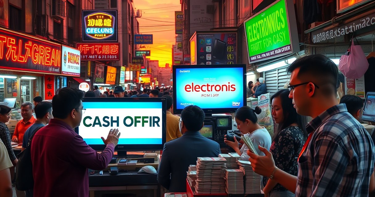 A bustling urban marketplace at sunset, vibrant neon signs advertising electronics. People haggling over various gadgets, a bright TV prominently displayed with a "Cash Offer" sign. Stacks of cash exchanged, expressions of excitement and negotiation. Surrounding colorful stalls with diverse sellers and eager buyers, creating a lively, transactional atmosphere that captures the essence of selling electronics for cash.