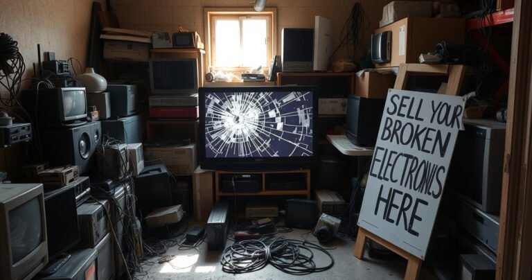 A cluttered garage filled with various broken electronics, including a shattered TV with a cracked screen, surrounded by tools, old cables, and dusty boxes. Sunlight streams through a small window, casting shadows on the floor, while a sign labeled "Sell Your Broken Electronics Here" leans against the wall, hinting at hidden opportunities.