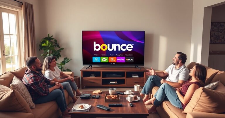 A cozy living room scene featuring a large flat-screen TV displaying the Bounce TV logo, surrounded by comfortable couches and snacks. Sunlight streams through a window, illuminating a family gathered together, laughing and enjoying their favorite show. A coffee table cluttered with remote controls and streaming devices adds to the inviting atmosphere of entertainment.