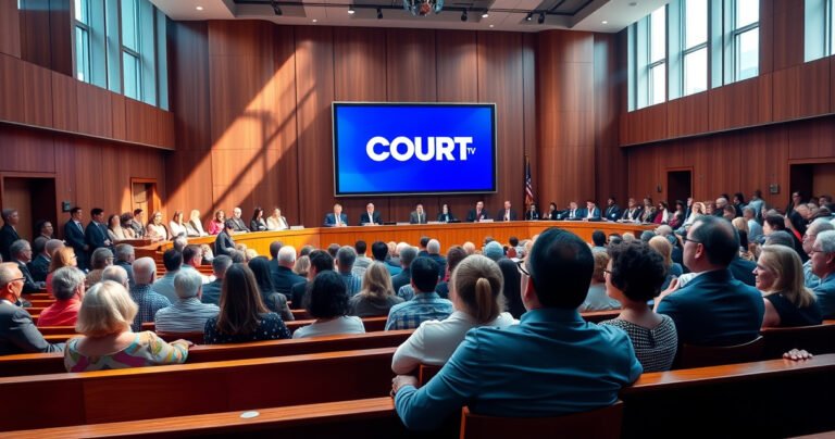 A sleek, modern courtroom filled with vibrant colors, featuring a large screen displaying the Court TV logo. A diverse audience of attentive viewers, with expressions of curiosity and intrigue, sit in polished wooden benches. Sunlight streams through tall windows, illuminating the dramatic scene of legal proceedings in action, creating a dynamic atmosphere of justice and drama.